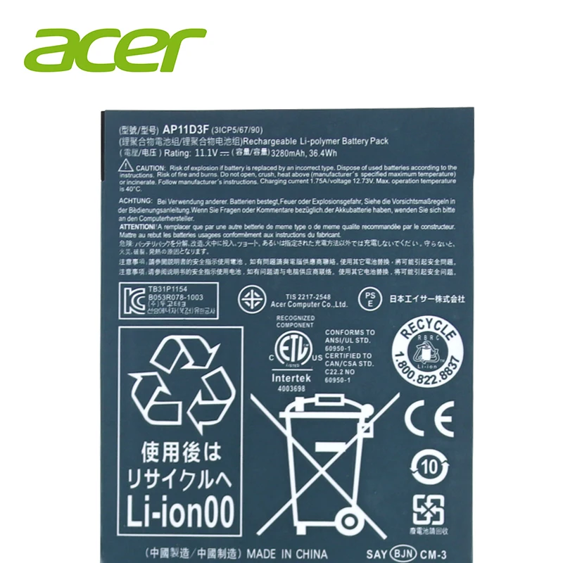 Original Acer Laptop's battery AP11D3F for Acer Aspire S3 S3-951 S3-391 MS2346 AP11D3F AP11D4F 3ICP5/65/88 3ICP5/67/90 11.1V