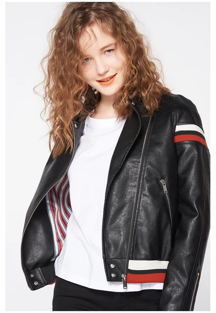 Striped black Pu leather jacket female spring new handsome trend leather zipper letters printed motorcycle clothing jacket F101