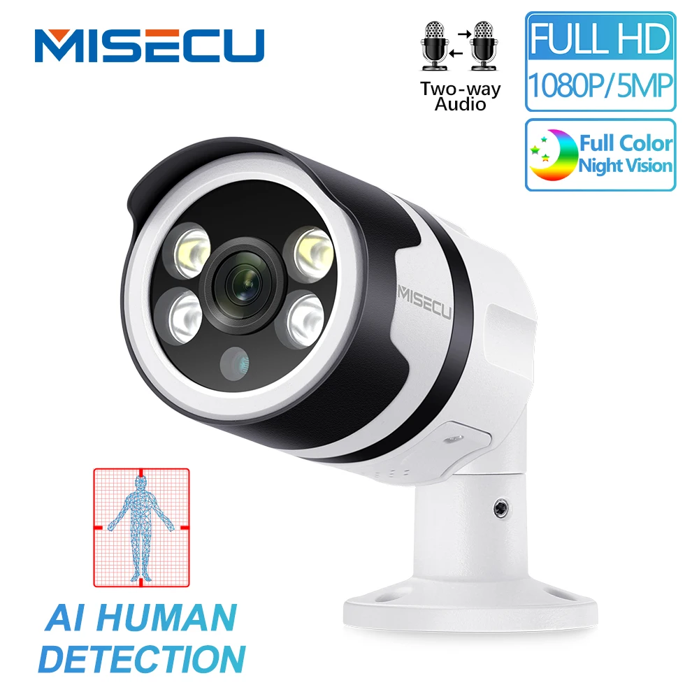 Online MISECU H.265 1080P AI cámara de detección humana 5MP POE IP cámara de dos vías Audio seguridad exterior impermeable a todo Color visión nocturna