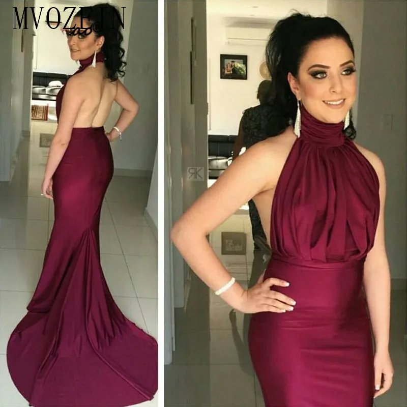

Sexy Halter Burgundy Prom Dresses Long Elegant 2019 Backless Court Train Mixi Formal Evening Dress vestidos de baile