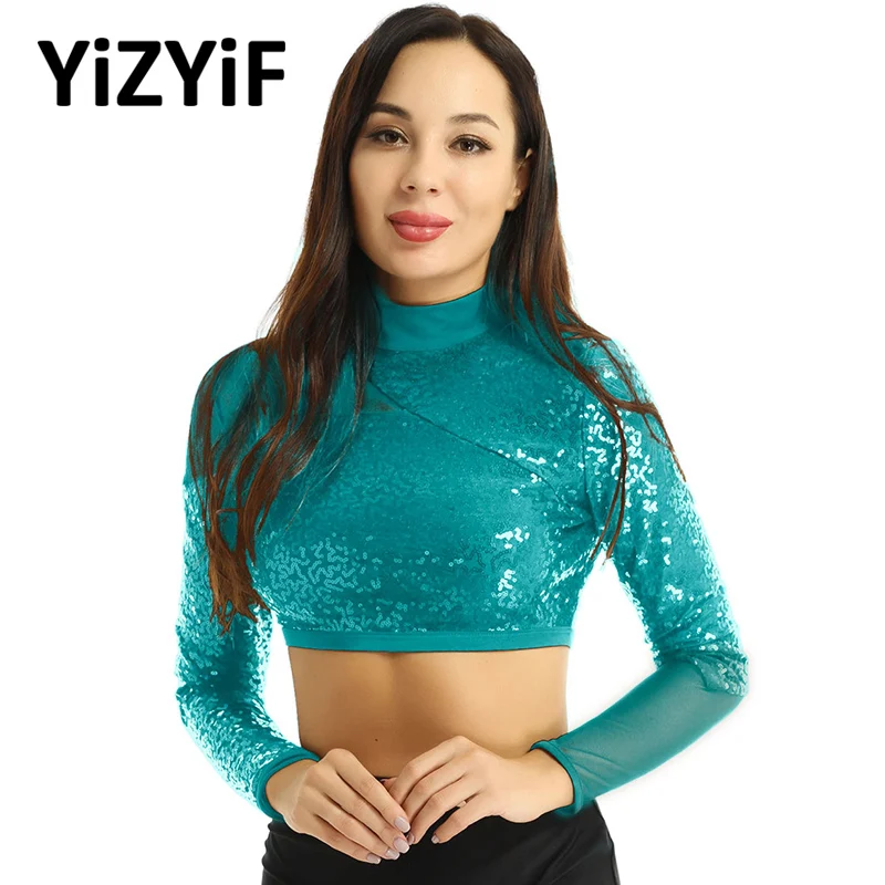 

Women dance clothing ballet leotard Shiny Sequins Mock Neck Long Sleeves Keyhole Back Unique Mesh Spliced Crop Top Dance wear