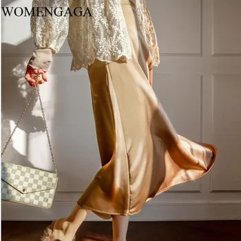 

WOMENGAGA French Acetate Real Silk Satin Skirt Women's Summer Autumn High Waist A-Line Matte Satin Mid-length Skirt 082E