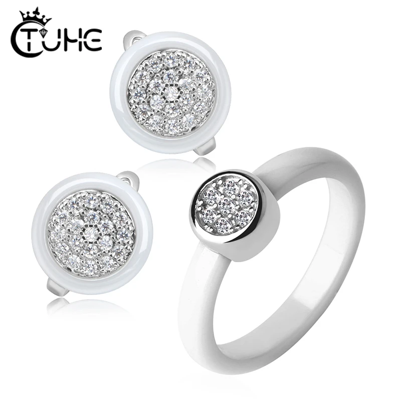 

New Geometric Jewelry Sets Women Jewerly AAA+ CZ Zirconia Elegant Style Wedding Ceramic Rings Stud Earrings Never Fade Gift