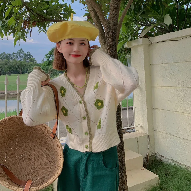 

Lazy Kawaii V-Neck Sweety Flowers Single-breasted Full Sleeve Knitting Cardigan Female Korean Autumn Winter Preppy Style