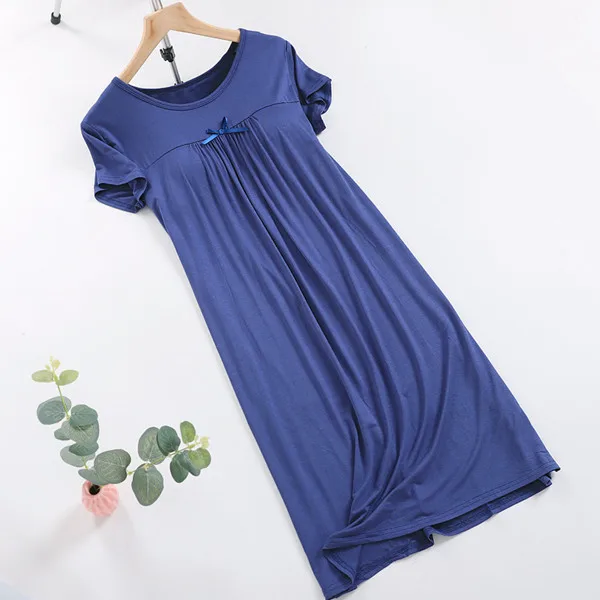 blue Night Dress Long Summer Nightgown Sleepwear Women Nightwear Lingerie Night Wear Short Sleeve Modal Sleeping Dress Fdfklak - Цвет: blue