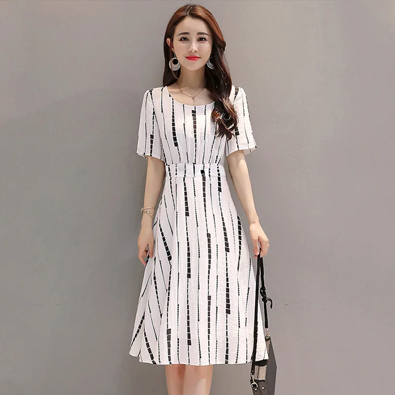 

Chiffon Stripes Floral Printed Dress 2019 Summer Hot Selling WOMEN'S Dress Korean-style Fashion Casual Mid-length Skirt