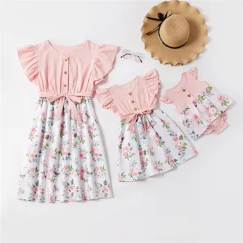 

2020 New Mother Daughter Dresses Baby Romper Fashion Ruffle Patchwork Floral Dress Mommy And Me Clothes Family Matching Clothes