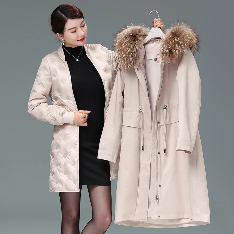 Новинка, зимняя женская парка на утином пуху, со съемной подкладкой, объемная куртка с меховым воротником, роскошное высококачественное плотное пальто на утином пуху