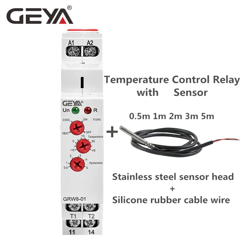 

Temperature Control Relay Din Rail 16A AC/DC24-240V with Waterproof NTC Sensor Heating & Cooling GRW8-01/02 GEYA