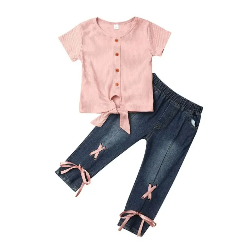 

Toddler Kids Baby Girl 2PCS Solid Knitted Long Sleeve Shirt Top+ Denim Pants Outfits Clothes Size 1-5Y