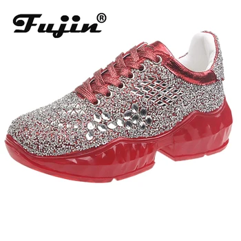 

Fujin Women Sneakers Spring Autumn 2020 Crystal Fashion Lace Thick Bottom Breathable Round Toe Leisure Muffin Bottom Women Shoes