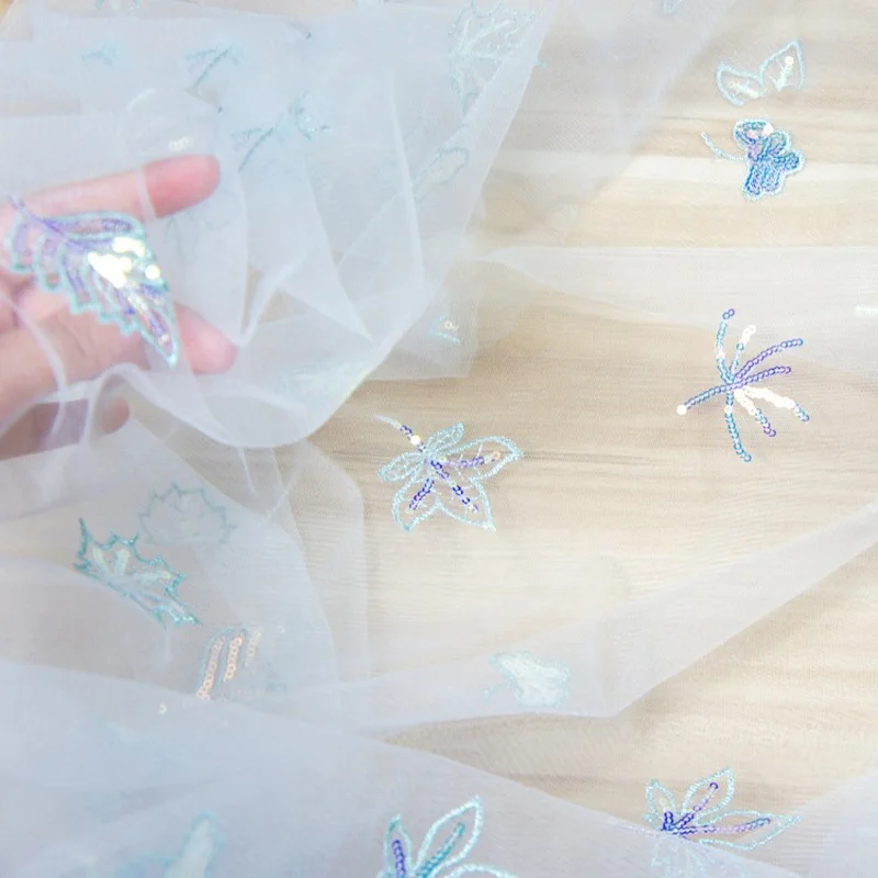 Новая стильная сетчатая ткань с вышитыми блестящими листьями и блестками для свадебной вечеринки, сценического платья, юбки-пачки, аксессуары, 130 см x 1 лет