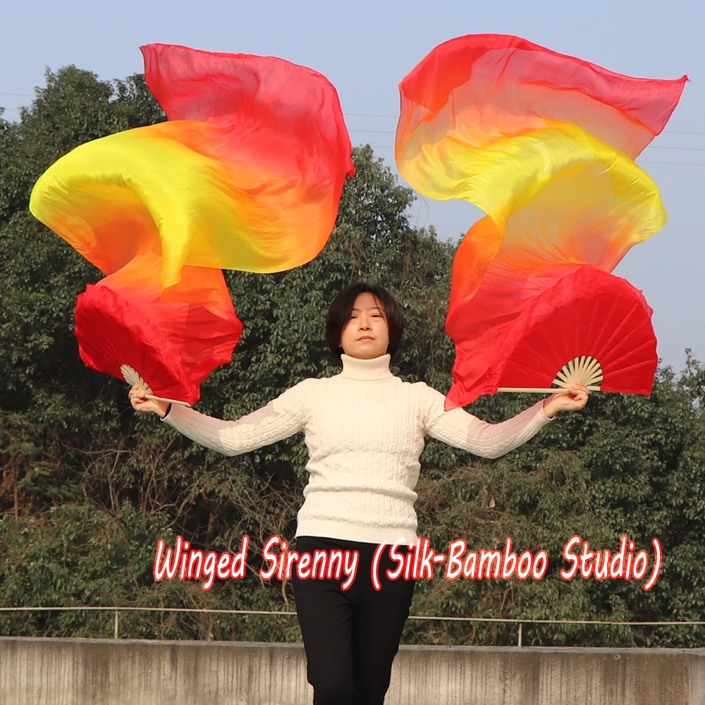 red/orange/yellow/orange/red 1pc right+1 pc left 1.8m*0.9m(71"*35") hand painted belly dance silk fan veil real flowy |