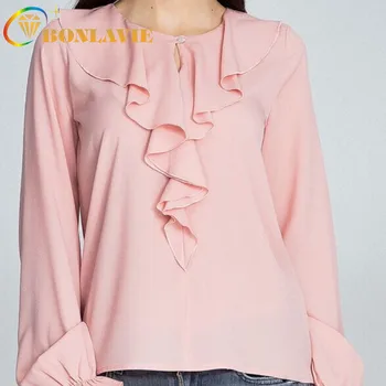 

Women Blouse Petal Collar A Buttoned Sweetly Long Sleeve Loose Chiffon Shirt O-Neck Solid Color Plus Size Girl Tops
