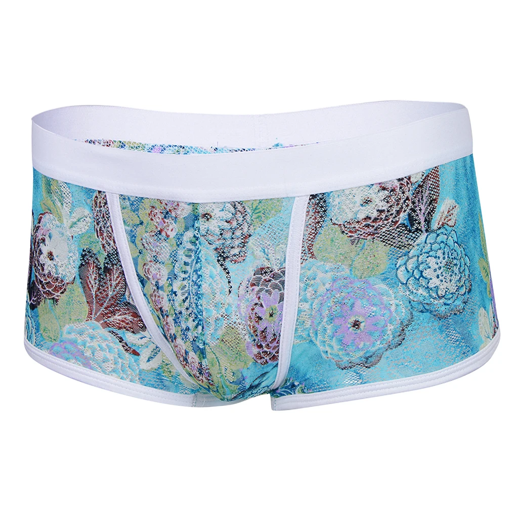 Vintage Soft Men Floral Print Sheer Lace Boxers Underwear Bulge Pouch Underpants Trunks Lingeries