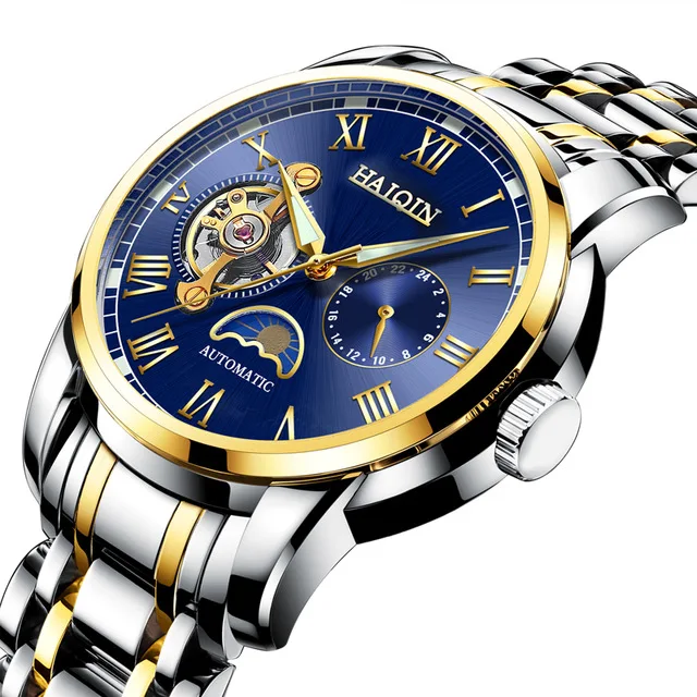 S-Gold Blue Fahion бренд HAIQIN Tourbillon механические мужские часы деловые военные спортивные наручные часы светящаяся указка reloj hombre - Цвет: S-Gold Blue