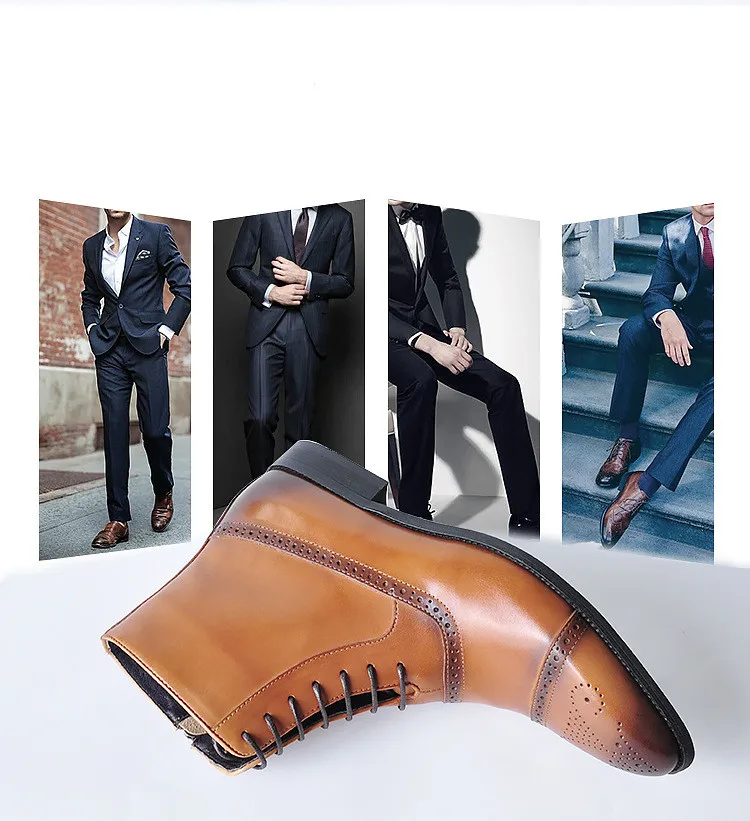 Brogue Men Boots Lace-up Zipper Ankle Male Oxford Boots Spring Autumn Leather Elegant Decent Shoes Plus Size 39-46
