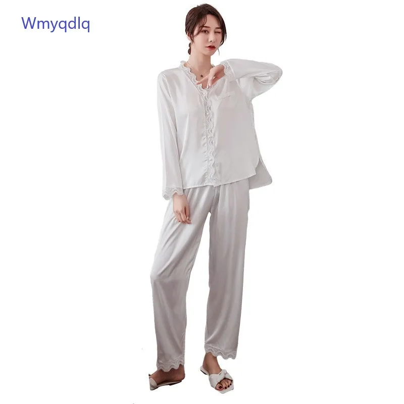 

Wmyqdlq Pajamas Women Summer Ice Silk Thin Lace Long-Sleeved Trousers Cardigan Two-Piece Suit Home Service Pyjamas Pijamas Set