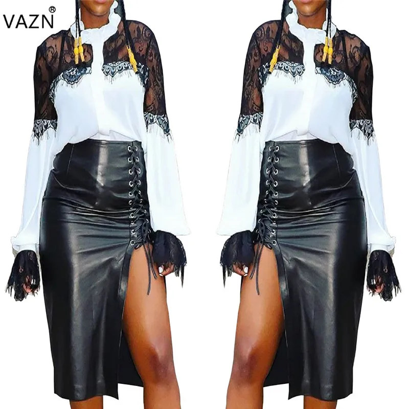 VAZN Autumn Hot Sale Sexy Elegant Fashion Famous Brand Women Skirts Solid Leather Hollow Out Sheath Lady Novelty Skirts MER161
