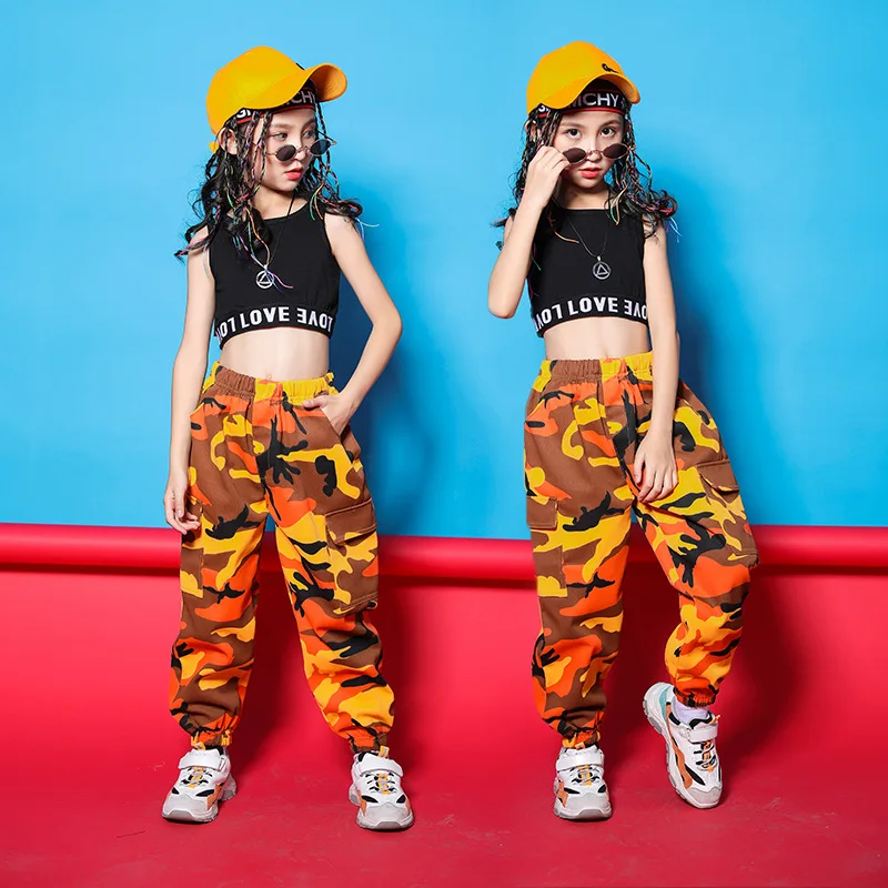 

Kid Hip Hop Clothing Black Top Crop Vest Camouflage Running Casual Pants for Girls Jazz Dance Costumes Ballroom Dancing Clothes