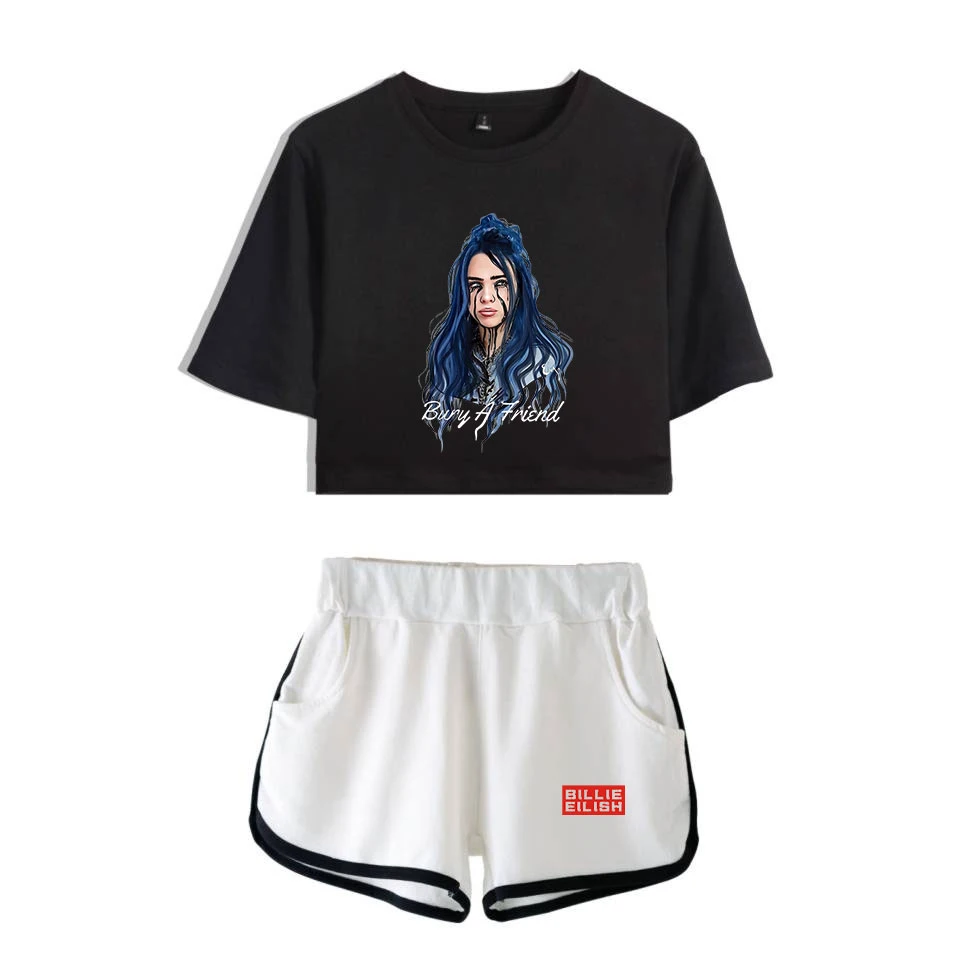 Billie Eilish короткая футболка для девочек+ черные сексуальные трендовые шорты Billie Eilish женская футболка Последняя мода горячая Распродажа комплектов