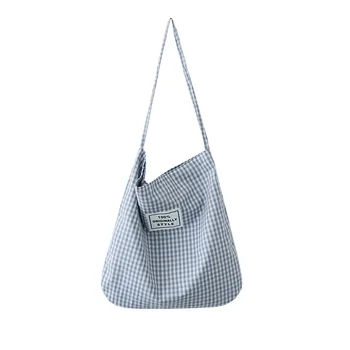 

Women Summer Canvas Bags Korea Style Simple Plaid Female Large Capacity Big Tote Handbag Ladies Casual Shoulder Bag