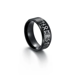 Vintage Norse Rune Stainless Steel Ring - Punk Style Amulet Jewelry - 8 (Black)