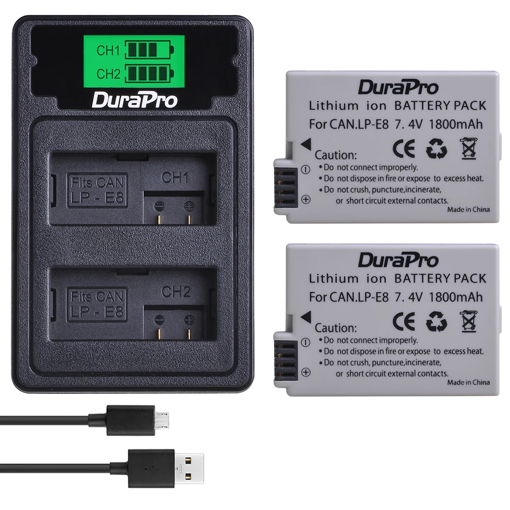 2 Battery Set Литий-ионный аккумулятор для камеры DuraPro 1800mAh LP-E8 LP E8+ зарядное устройство с двойным жк-дисплеем USB с кабелем type-C для Canon EOS 550D 600D 650D 700D - Цвет: 2 Battery Set