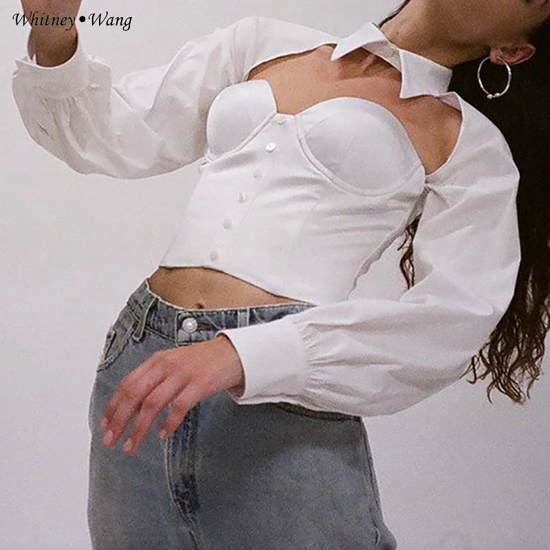 WHITNEY WANG, блузки,, Весенняя мода, уличная мода, сексуальная, открытая, тонкая, короткая, блузка для женщин, Blusas, женская рубашка, Топ