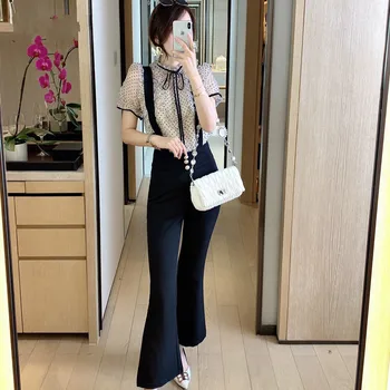 

High Quality Designer Summer Suit Women Pants 2 Piece Set 2020 New Fashion Dot Mesh Top and Flare Pants Matching Sets Outfits