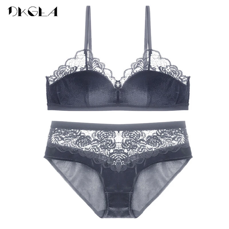 New Velvet Bras Lace Lingerie Set Blue Thin Cotton Brassiere Women Underwear Set Wire Free Embroidery Sexy Bra Panties Sets - Цвет: Синий