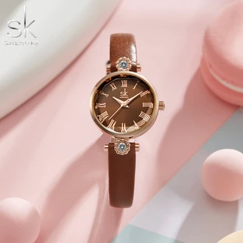 

SK Fashion Women's Watch Luxury Brown Leather Band Analog Quartz WristWatch Golden Ladies Female Clack Dress Reloj Mujer Clock