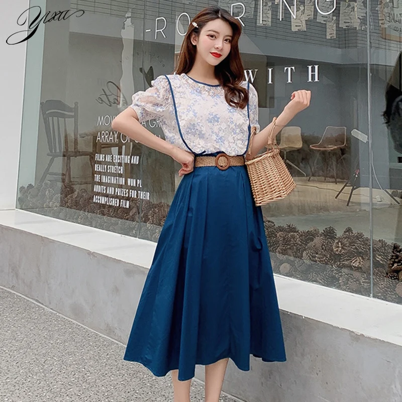 Летние новые модные комплекты из двух предметов белая кружевная рубашка + синяя