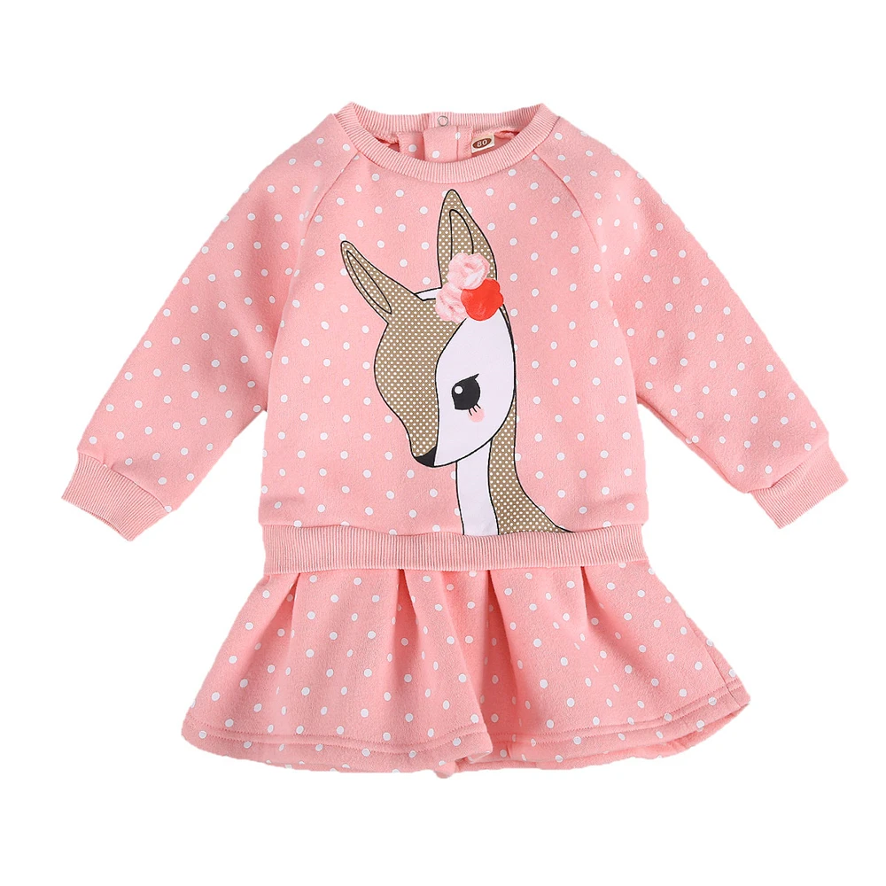 

2020 Autumn Winter Christmas New Fashion Baby Girls Dress Pink Cartoon Elk Dress Long Sleeve Fake 2 piece Xmas Princess Dresses