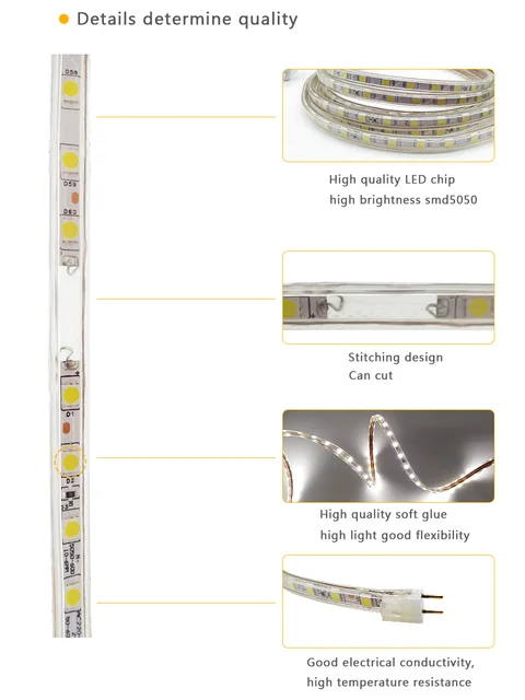 SMD 5050 AC220V LED Strip Flexible Light 60leds/m Waterproof Led Tape LED Light With Power Plug 1M/2M/3M/5M/6M/8M/9M/10M/15M/20M 4