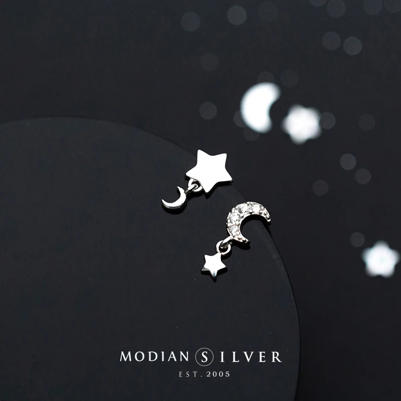 Modian Moon Clear CZ Свинг серьги гвоздики сверкающие звезды стерлингового серебра 925 Шарм изысканный пирсинг для губ для женщин ювелирные украшения