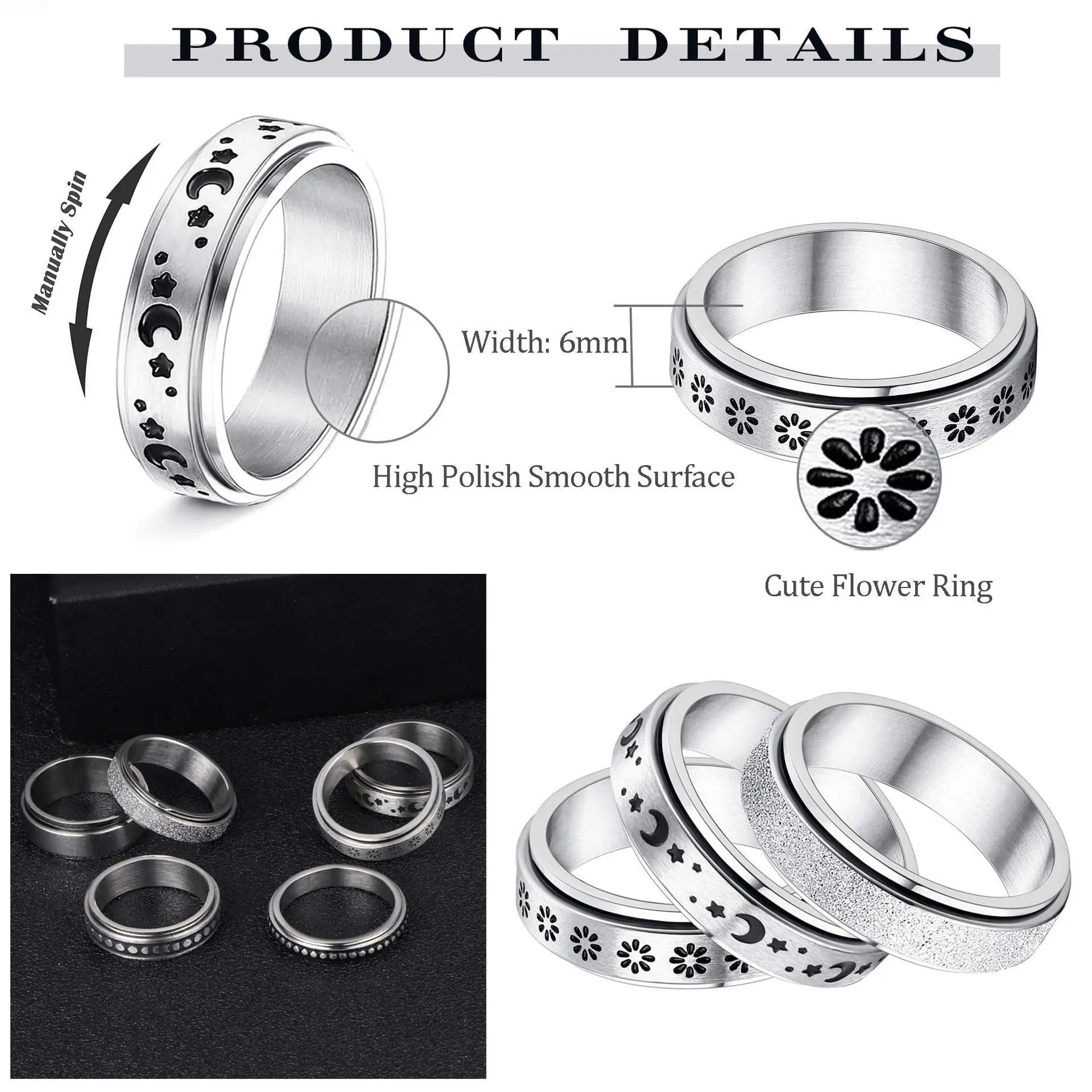 Anxiety Ring For Women Men Moon Fidgets Rings Trend Punk Rings Jewelry Stainless Steel Anti Stress Ring Rotate Gift