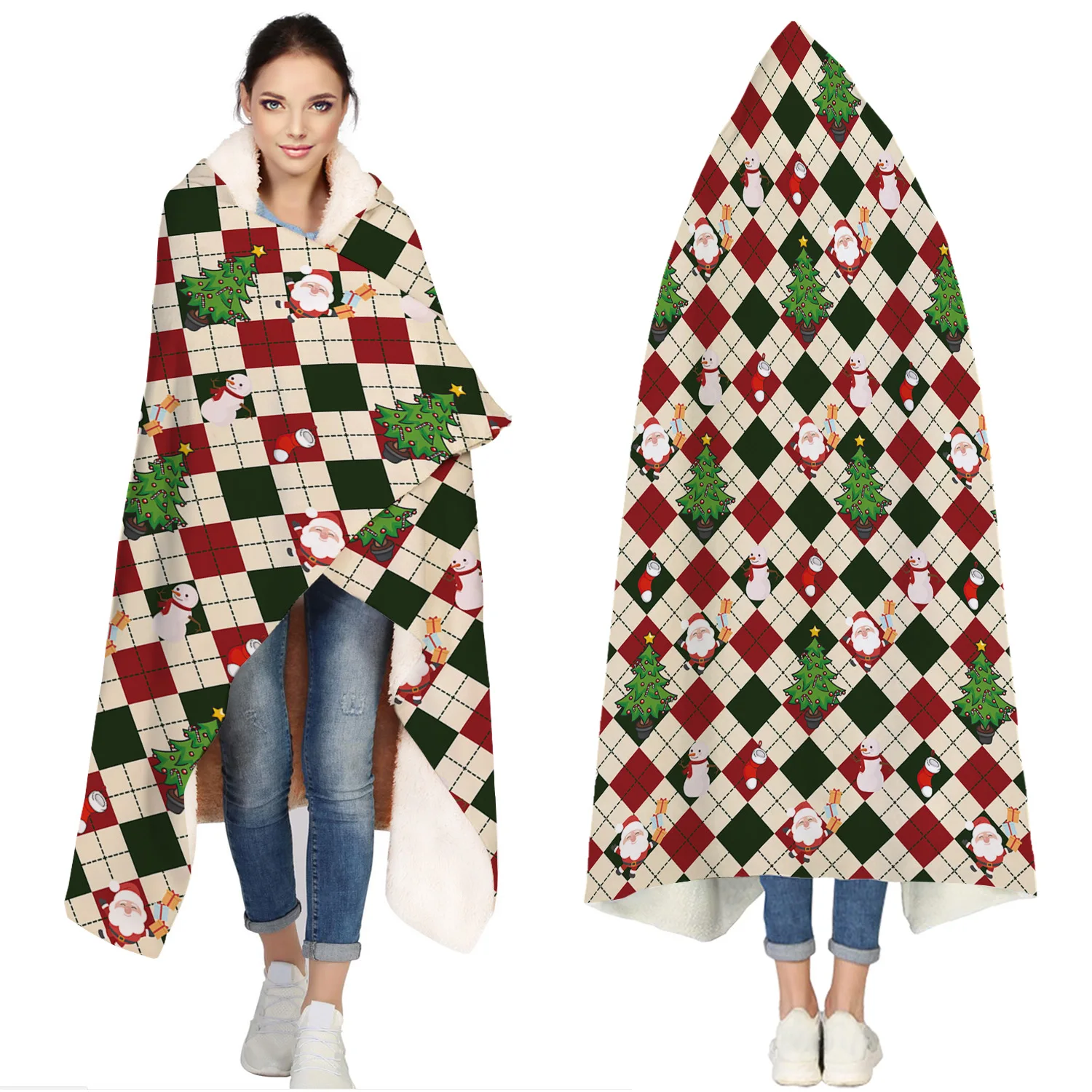 

Christams Santa Happy New Year Portable Wearable Fluffy Custom Hooded Blanket Fleece Hooded Throw WrapBed Blanket