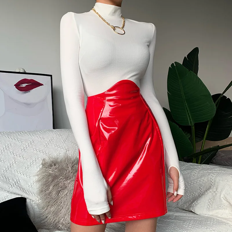 InstaHot юбки из искусственной кожи женские Асимметричные с высокой талией Облегающие юбки-карандаш Уличная Повседневная окрашенная кожа вечерние мини-юбки