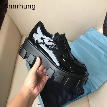 

2020 Spring Flat Platform Shoes Woman Lace Up Thick Bottom Fashion Shiny Leather Round Toe Casual Trainer Shoes Zapatos De Mujer