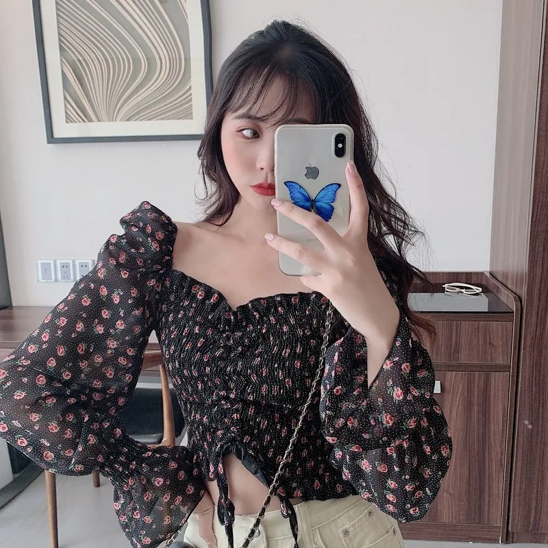 Floral Print Drawstring Crop Top Women Spring Fall Long Sleeve Purple White Chiffon Blouse Shirt Korean Style Ladies Short Tops 3