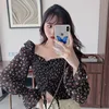 Floral Print Drawstring Crop Top Women Spring Fall Long Sleeve Purple White Chiffon Blouse Shirt Korean Style Ladies Short Tops 3