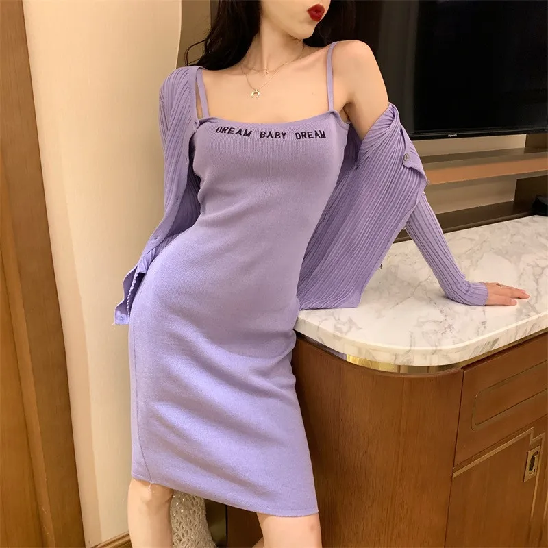 

Women Sexy Dress Sets Female 2019 Spring Summer Spaghetti Straps Knitted Pencil Mini Dress&Thin Cardigan Suits Two Pieces Sets