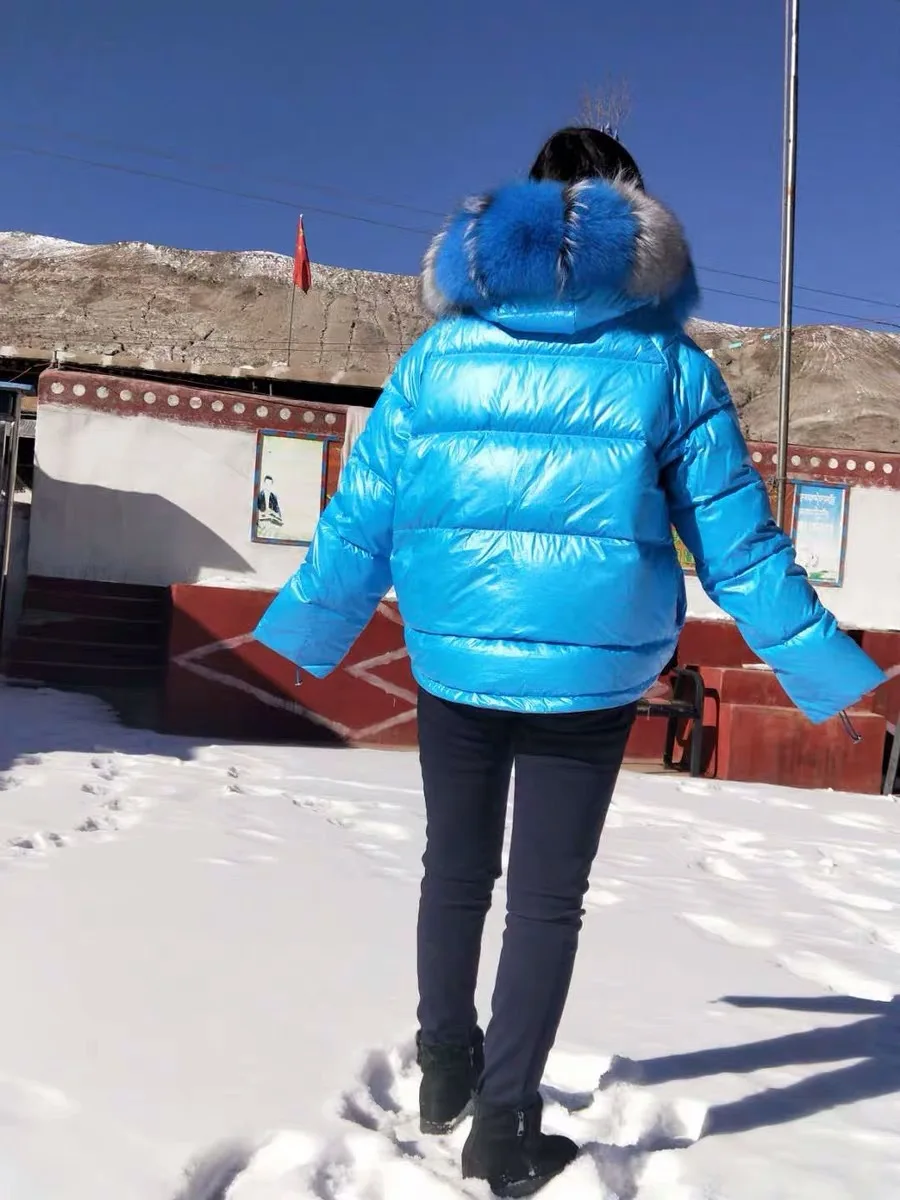 Двухсторонний смешанный цвет, ультра большой пуховик с воротником из лисьего меха, короткий женский Зимний стиль, Двусторонняя одежда, Короткая Меховая куртка