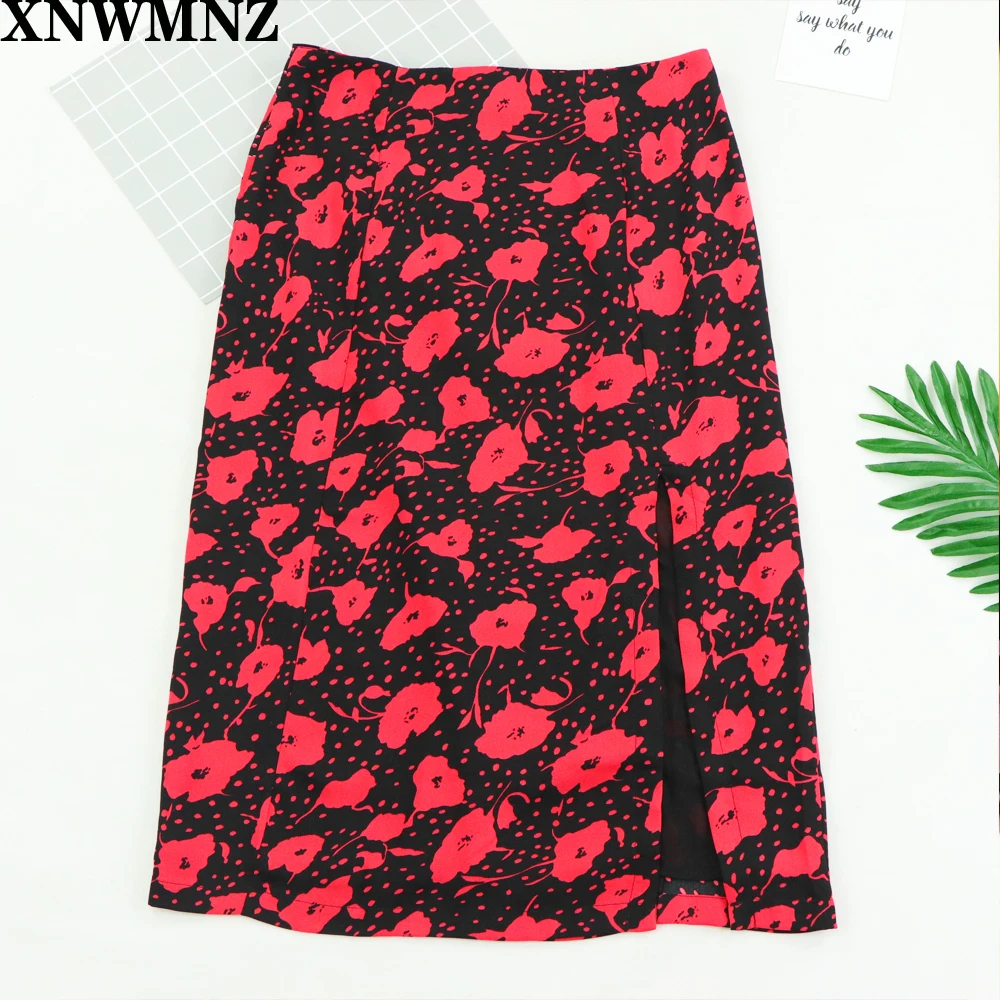 

XNWMNZ 2020 ZA Vintage Split Women Skirts Midi Skirt Casual Red Floral Print Women Skirts France Black Skirt