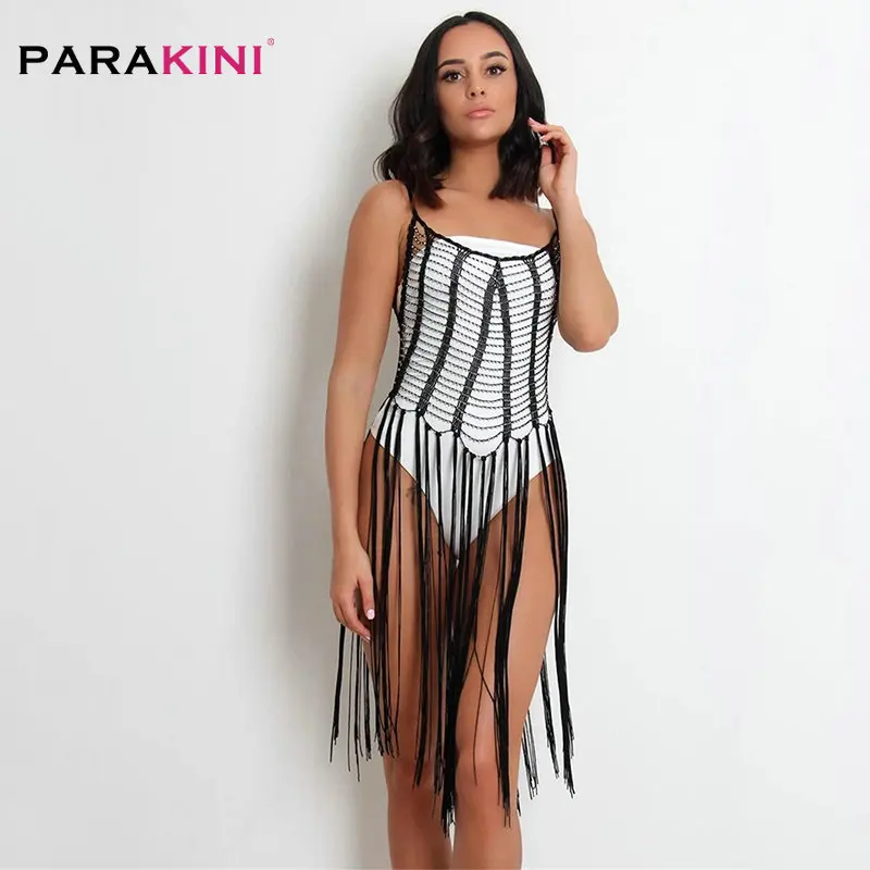 PARAKINI, черное, белое, блестящие стразы, бикини, накидка, мини-платье, длинное, с кисточками, накидка, сетка, полые, с низким вырезом на спине, Пляжное Платье
