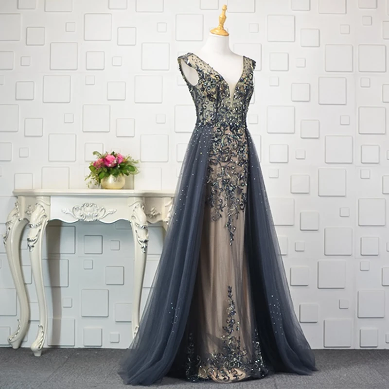 YY087 arabic evening dress long v-neck backless navy blue mother of bride dress A-line evening gown new robe soiree sexy longue