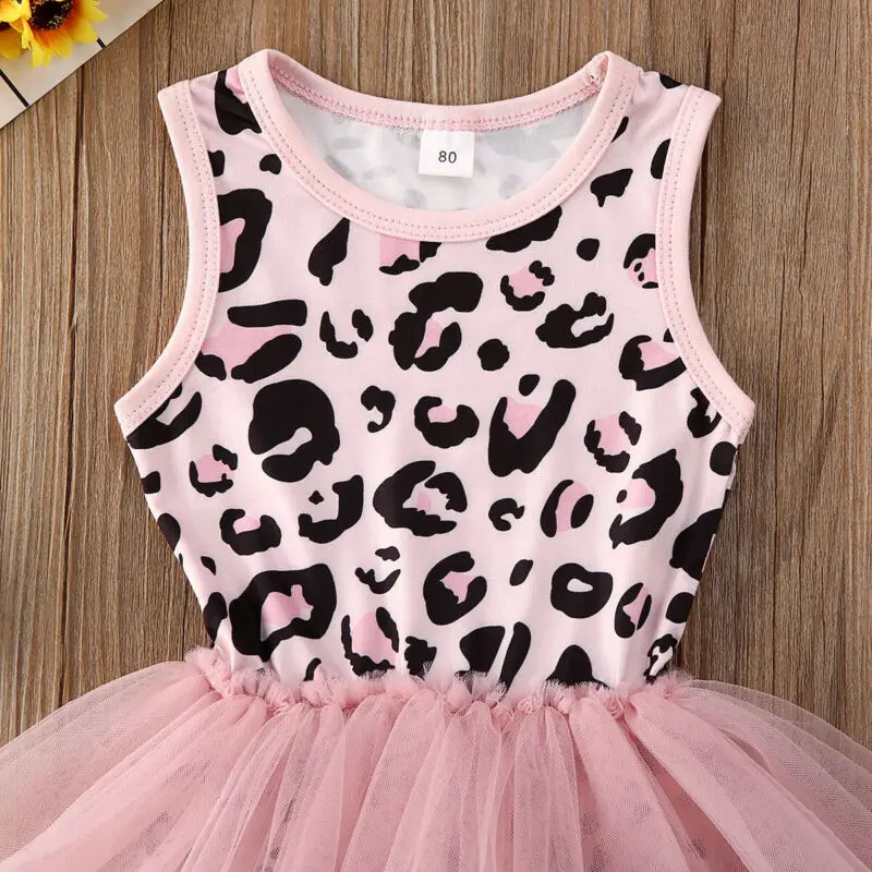 Летняя одежда для малышей, леопардовый комбинезон без рукавов для новорожденных девочек, Сетчатое платье, Детские вечерние кружевные платья-пачки принцессы
