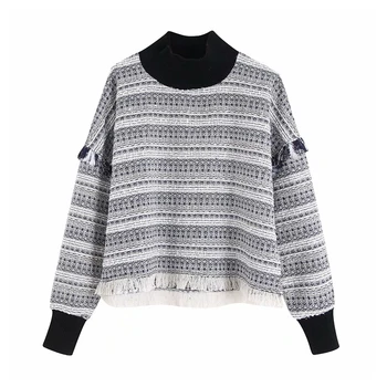 

Vintage Stylish Striped Patchwork Tassel Tweed Blouse Women Fashion Turtleneck Long Sleeve Loose Pullovers Chic Tops