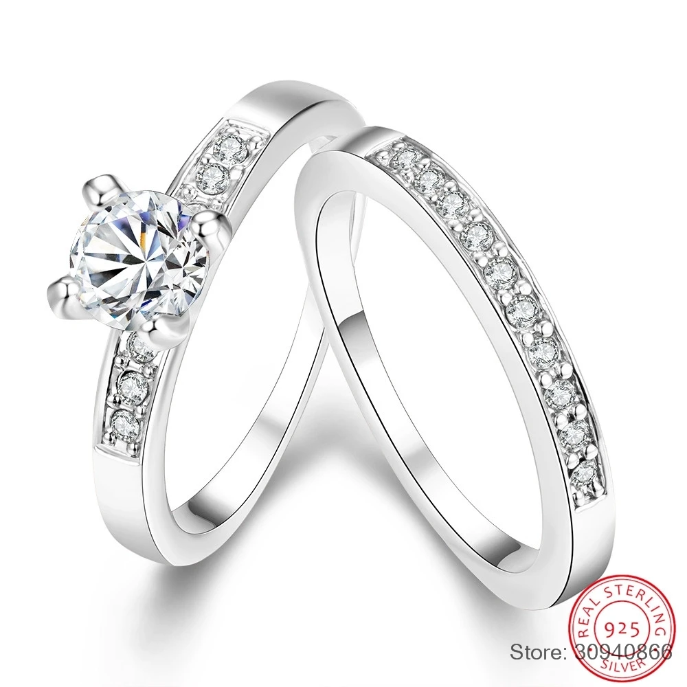 

SMTCAT 925 Sterling Silver Ring Sets With Full White High Quality CZ Crystal For Women/Girls Charm Jewelry With 2 PCS Wholesale